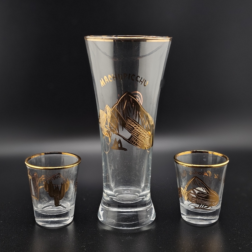 Machu Picchu Shot Glasses Liquor Glass Set Of 3 Peru 14K Gold Plated Print llama